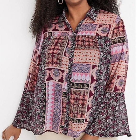 2/$50 MAURICES Pink Patchwork Button Front Bell Sleeve Blouse Size XXL - Picture 1 of 9
